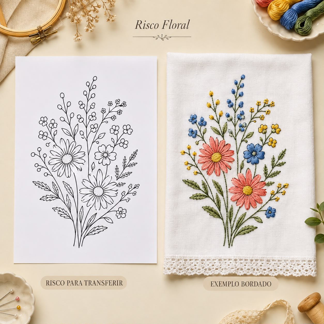 Risco floral para transferir e exemplo bordado