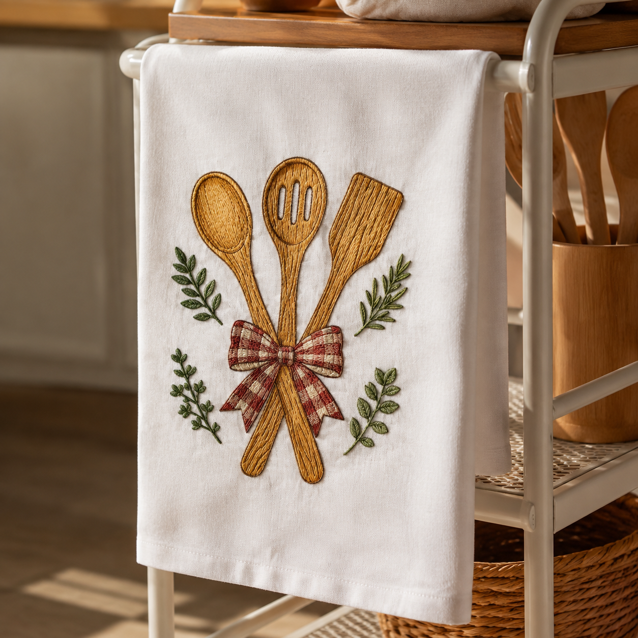Pano de prato com utensílios de cozinha bordados