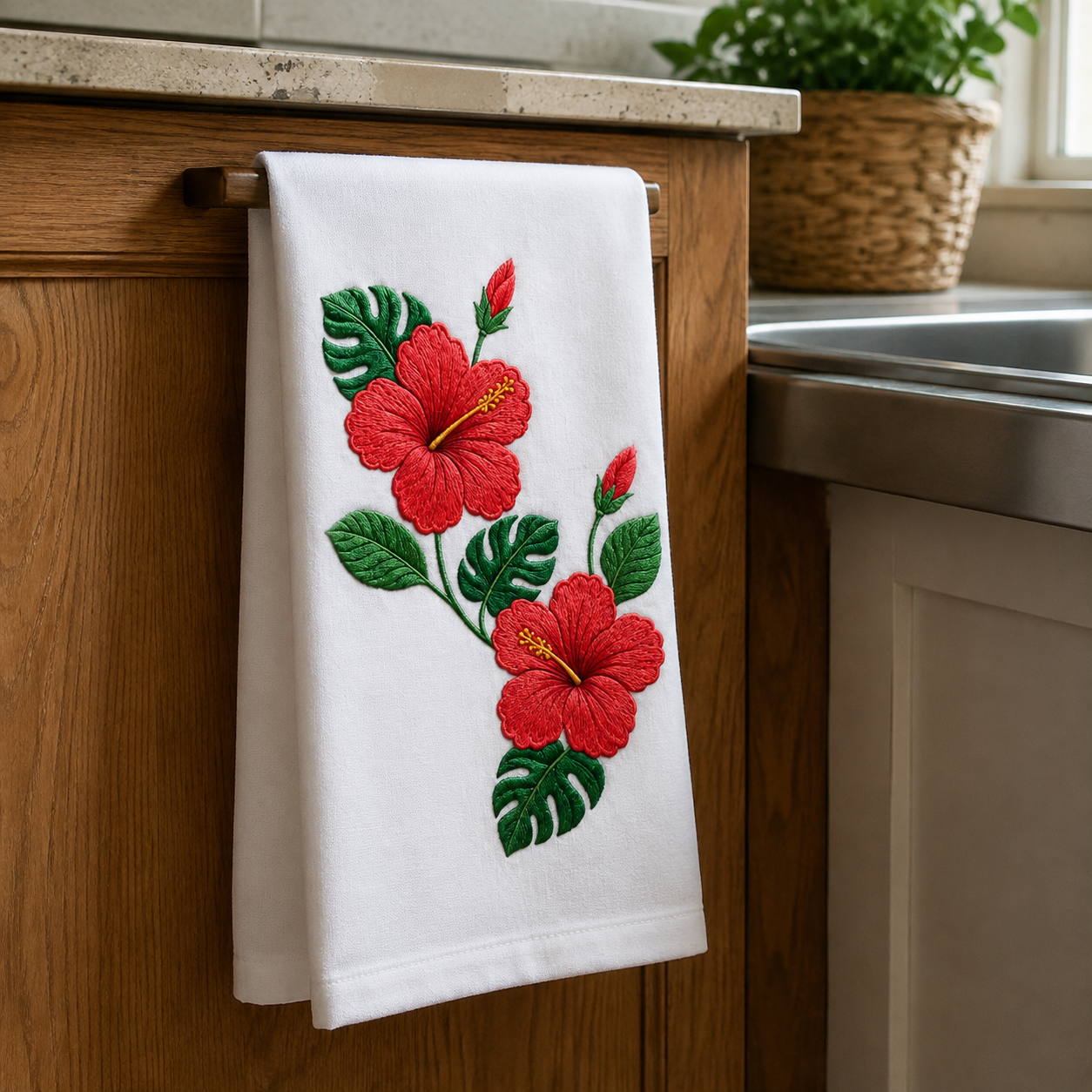 Pano de prato com hibiscos bordados