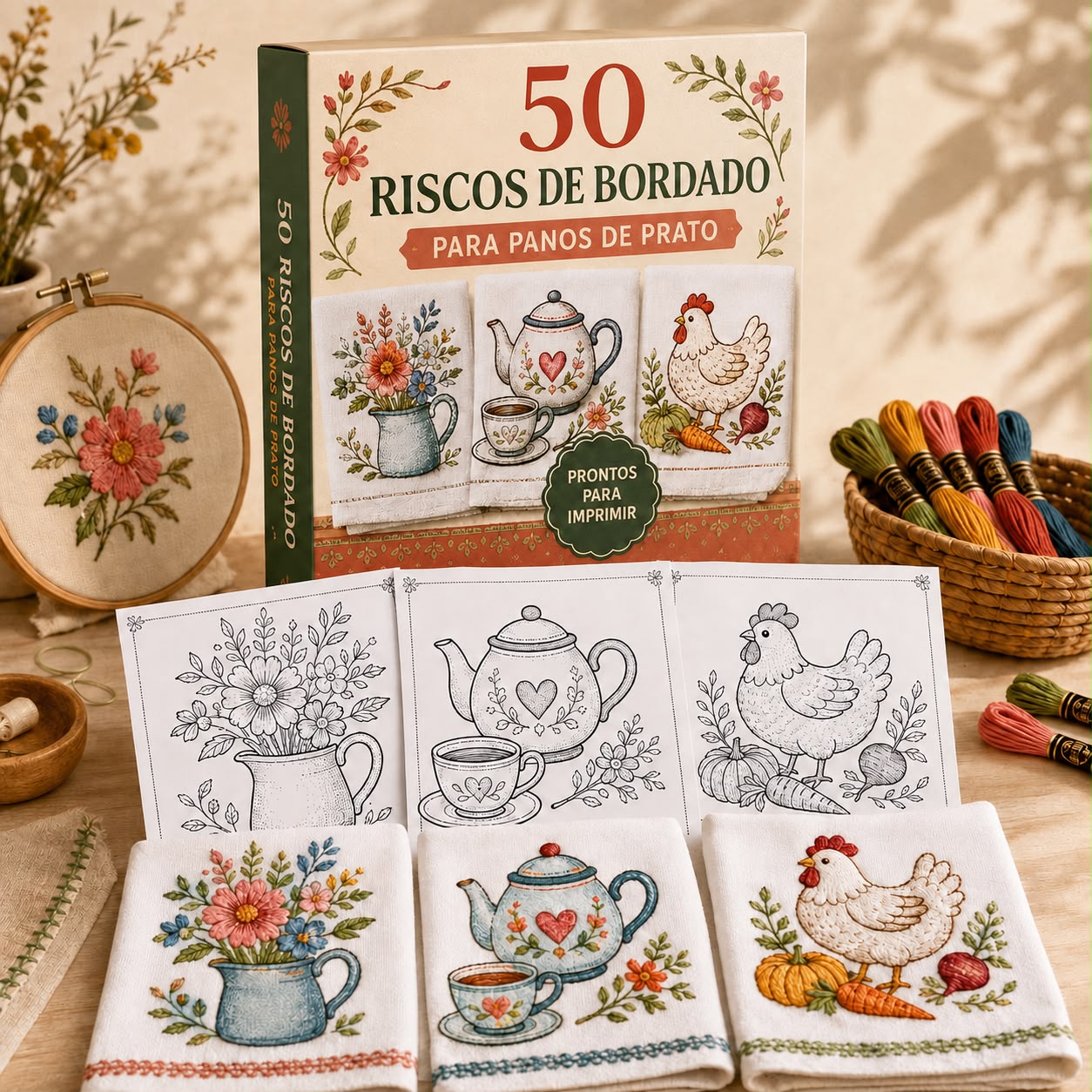 Caixa do material com páginas de riscos e panos de prato bordados